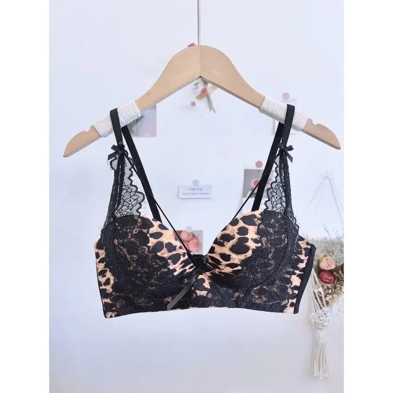 Leopard Print Cross Bust Push Up Bra Set 32‑38 Wireless Seamless Anti Sag Comfort Sexy Lingerie For Small Breasts