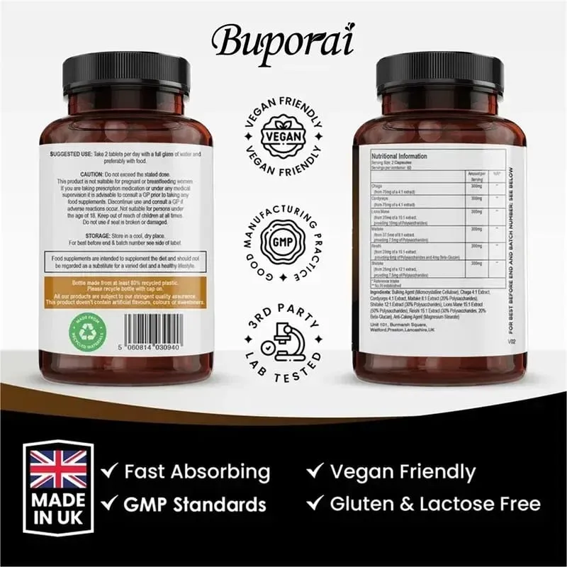 Complexo Super Blend de Cogumelos - Cérebro, Sistema Nervoso, Suplementos de Saúde e Memória, Imunidade, Sono, Energia, Suporte ao Humor