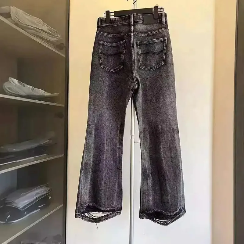 Nicho angustiado design preto cinza micro queimado jeans masculino tendência solta buraco reto inferior casual calças jeans 28w5868