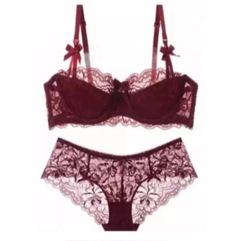 Francês pura paixão arco em forma de alça de ombro renda sexy meia xícara push up conjunto sutiã feminino lingerie fina peito grande pequeno copo S-XL