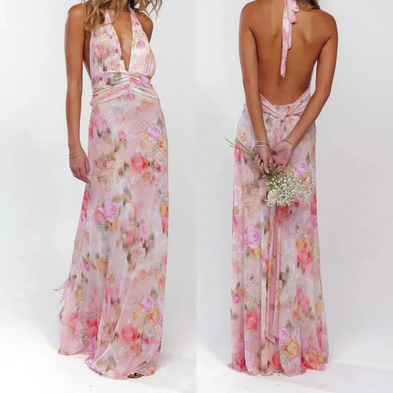 Combhasaki Mulheres Verão Sem Mangas Tie-up Halter Decote Em V Profundo Backless Flor/Pontos Estampado Plissado Hem Malha Ruched Vestido Longo Linha A
