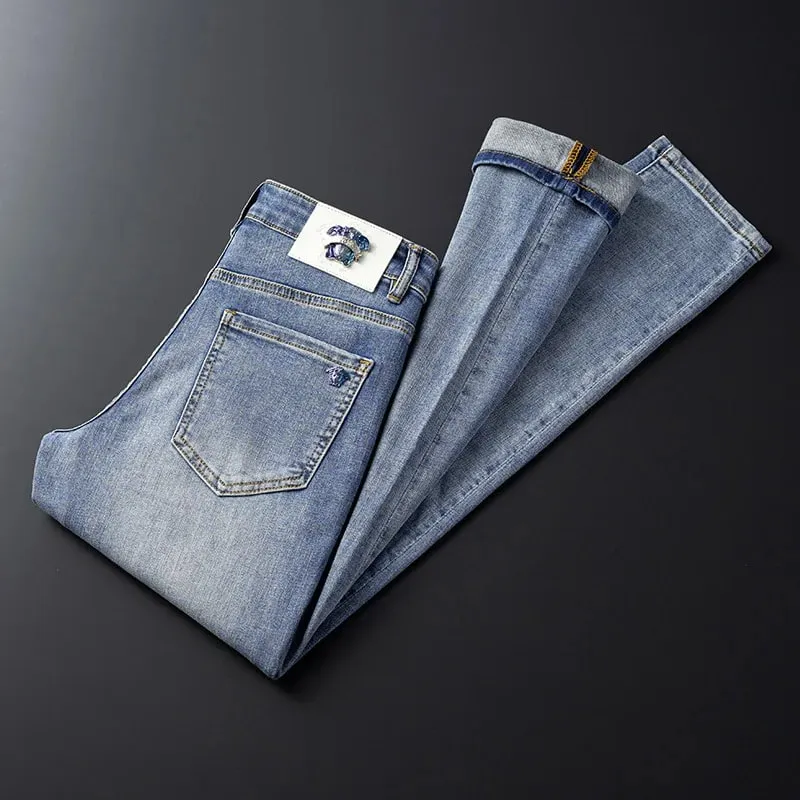 2024 novas calças de brim masculinas de alta qualidade luz luxo e simplicidade versátil moda casual roupas masculinas ajuste fino calças cônicas