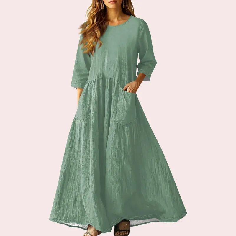 Women's Summer Loose Long Dresses Solid Color Three-quarter Sleeve Double Pocket Dress Loose Round Neck Linen Dress Vestidos — image 12