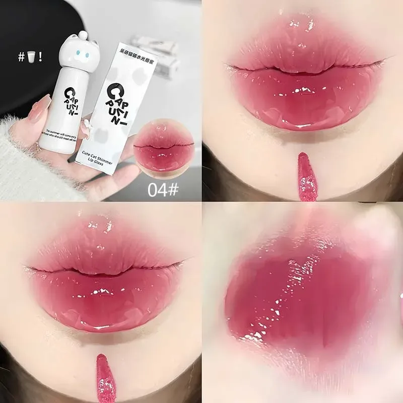 Gato bonito espelho de água brilho labial hidratante duradouro rosa damasco matiz labial esmalte nude batom coreano maquiagem menina