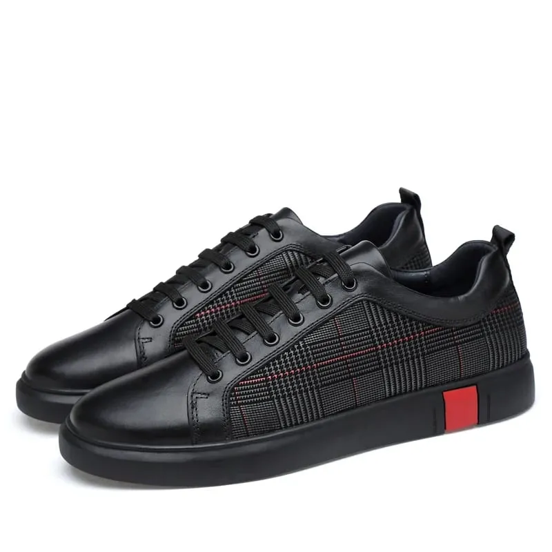 New Arrival Men Black Leather Plaid Panel Sneakers Luxury Style Lace Up Casual Shoes Non Slip Platform Walking Footwear