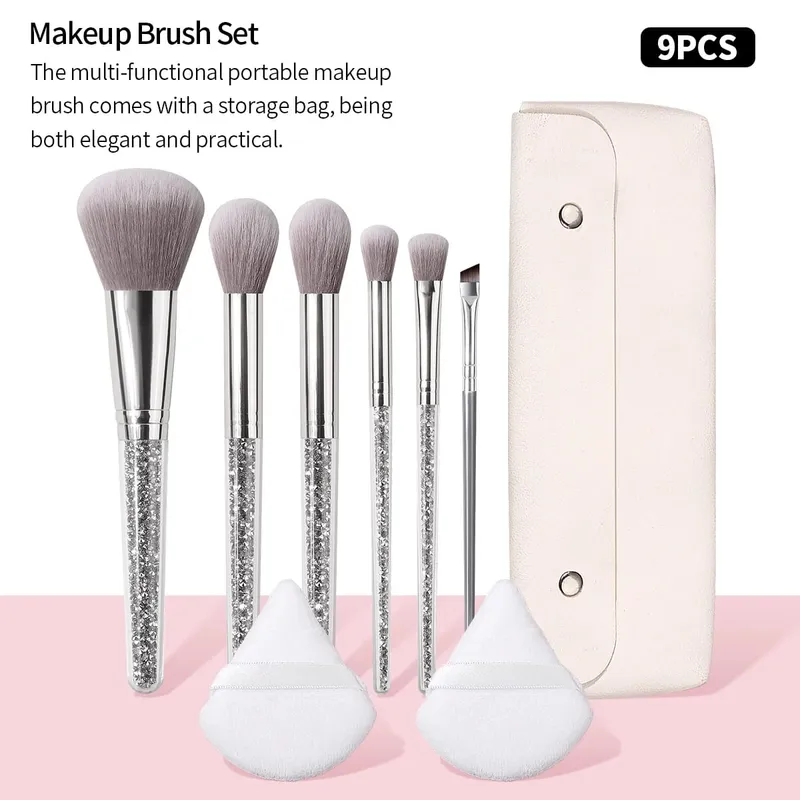 9 pçs glitter lidar com pincéis de maquiagem conjunto com triângulo pó puff saco de armazenamento portátil fundação blush sombra ferramentas de mistura
