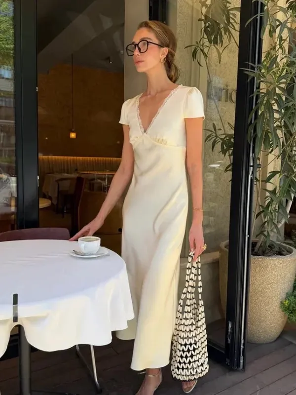 Women Elegant Satin Lace Trim Midi Dress Solid Lace Patchwork Short Sleeve V-neck Summer Dresses 2026 Summer New Holiday Robes