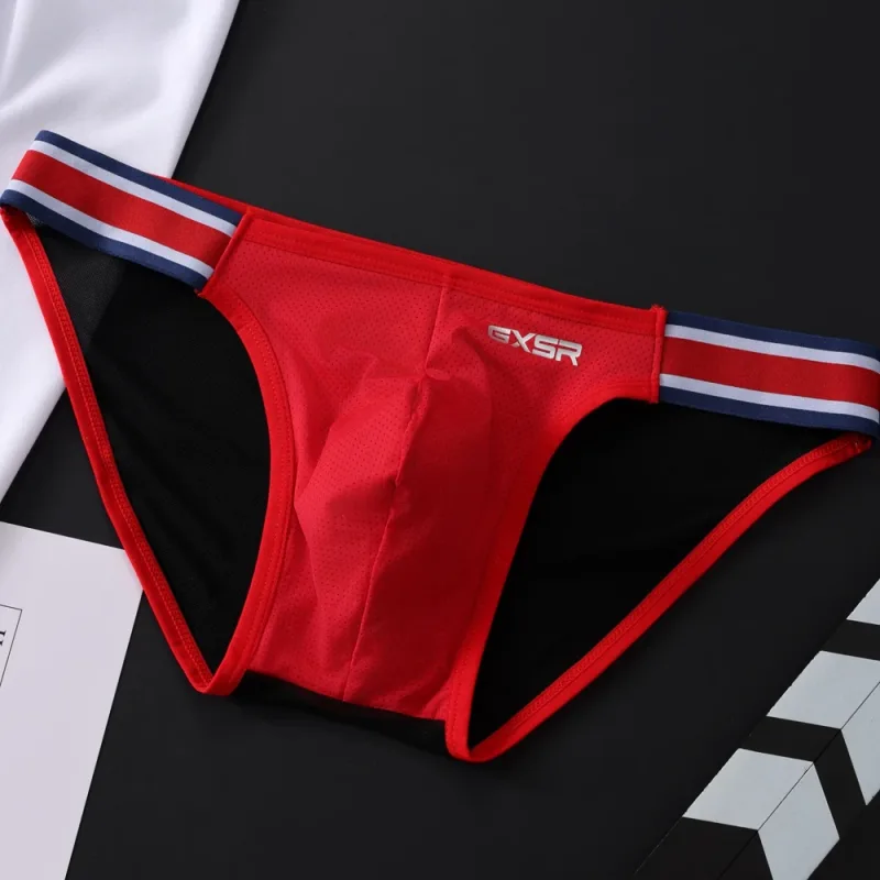 Novo gxsr emenda cintura lateral garfo alto cuecas masculinas com rosca de seda gelo moda cintura baixa esportes hip lift cuecas masculinas