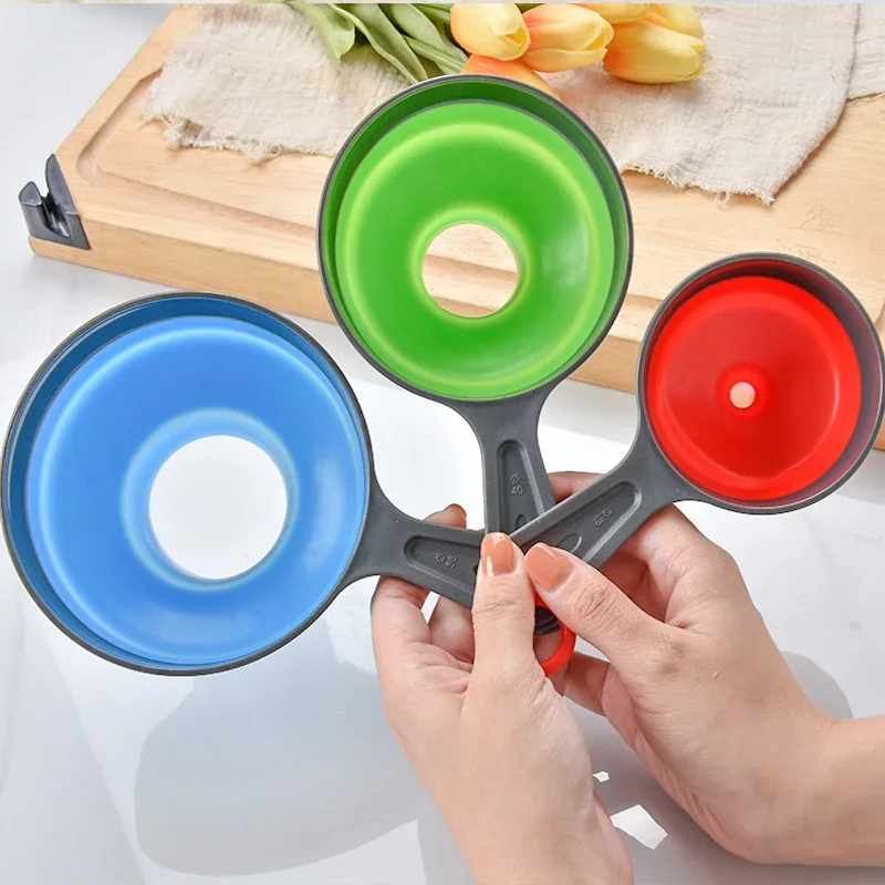 3 pçs/set com 3 tamanho funil de cozinha silicone dobrável telescópico funne pó líquido boca larga jam funil utensílios de cozinha