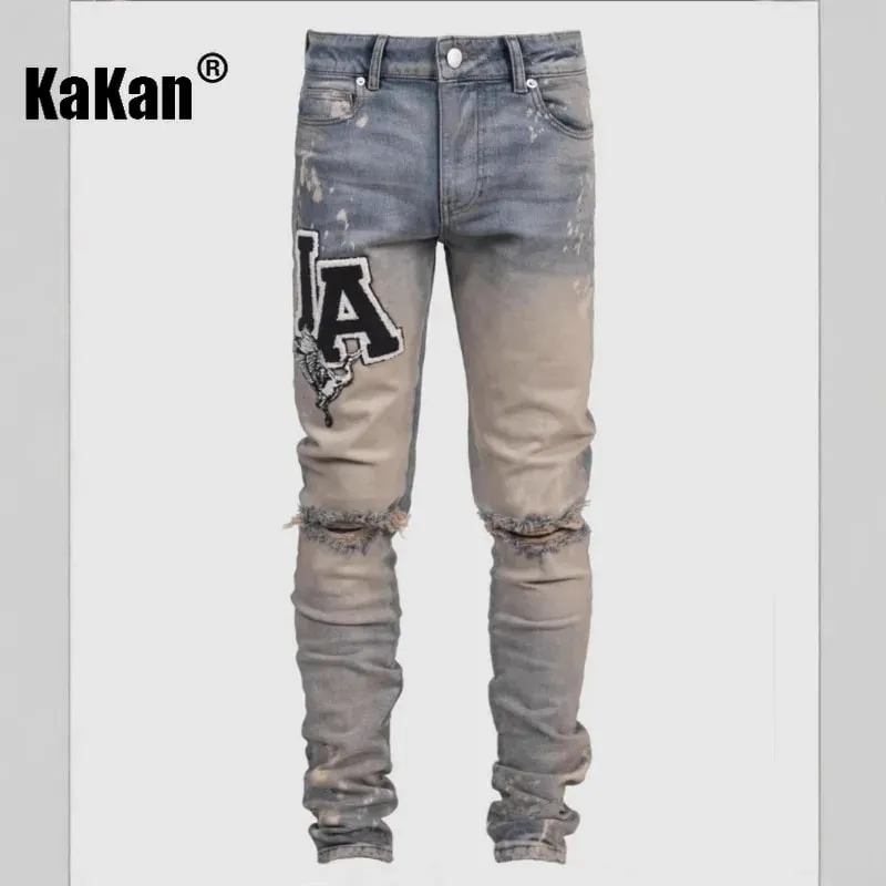 Kakan - Novo jeans masculino azul slim fit com remendo Y2k com design estampado jeans longo marca masculina — image 3