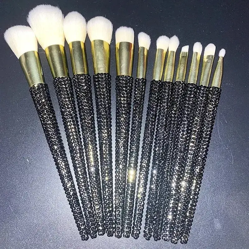 Pincéis de maquiagem cravejados de diamantes 12 Pçs/set Gemas Ferramentas de beleza de maquiagem Full Diamond Loose Powder Foundation Pincel corretivo Bling