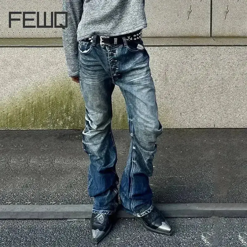 Calça jeans masculina estilo americano, botão de lavagem, design plissado, jeans solto, cor contrastante, casual, fundo masculino, vintage 4k5156 — image 2