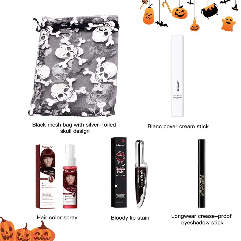 5 pçs goth halloween conjunto de maquiagem fundação vara vermelho temporário cor do cabelo spray lábio mancha sombra vara cosplay festa maquiagem