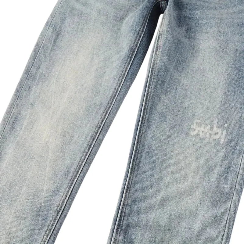 Jeans masculino high street light azul lavado desgastado com letras bordadas botão mosca adequado para todas as estações