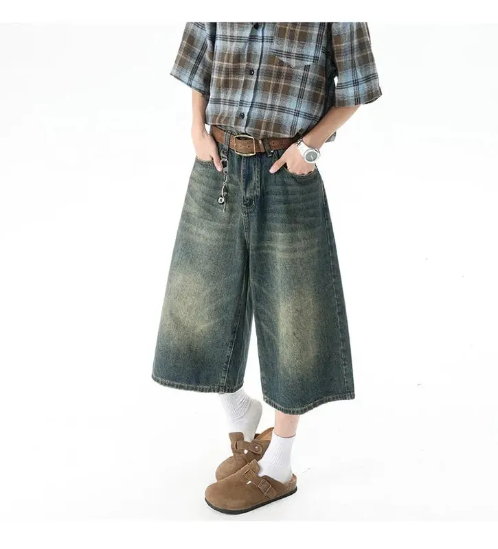 Pantalones Cargo con múltiples bolsillos, pantalones vaqueros cortos de verano, ropa informal estilo Hip Hop, pantalones cortos vaqueros holgados, pantalones Capris de pierna ancha informales 5XL-M