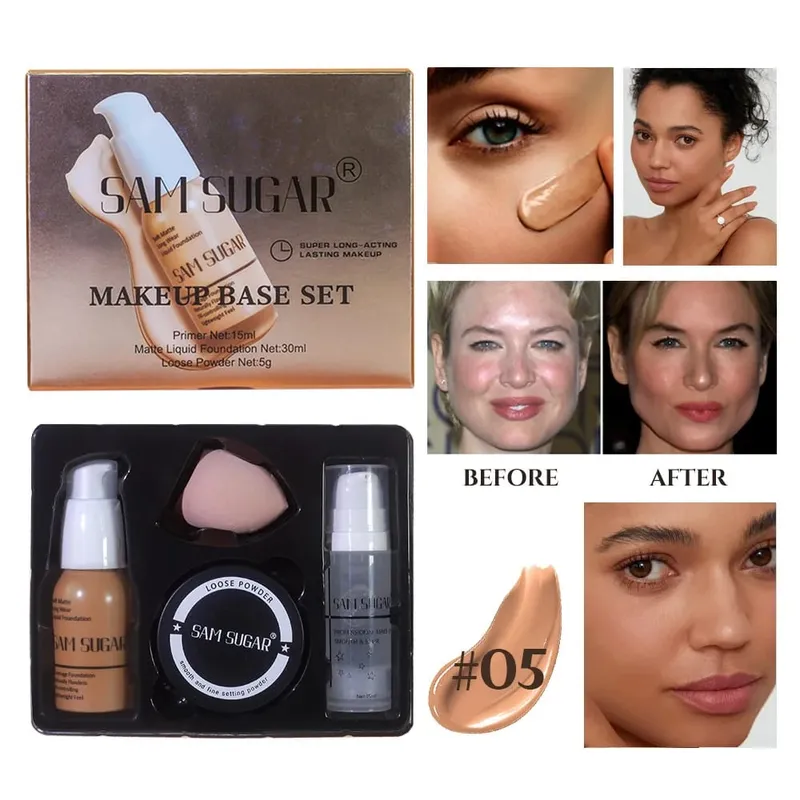 Makeup Base Set With 15ml Primer 30ml Matte Foundation 5g Loose Powder Puff For Smooth Flawless Skin Longwear