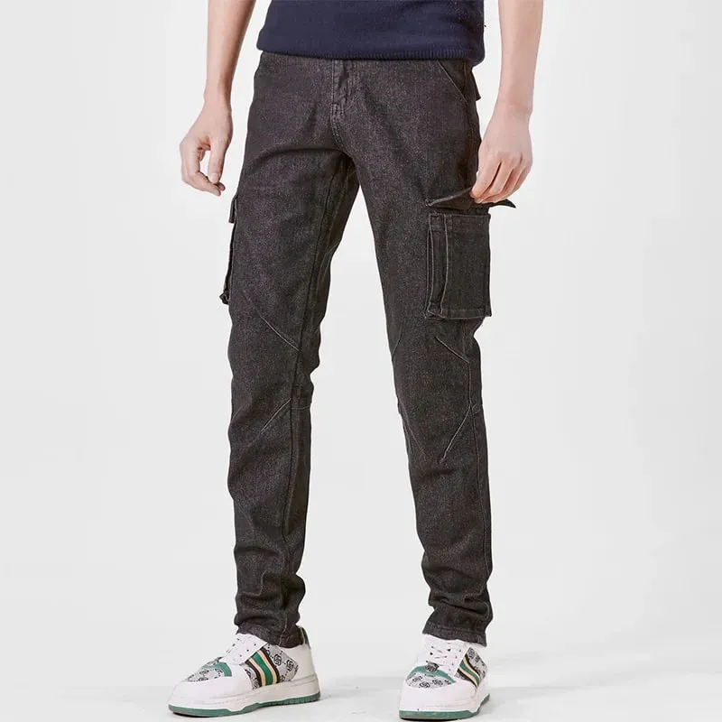 男士街頭風格彈性腰牛仔工裝褲純色水洗修身休閒牛仔褲有多個口袋適合日常穿著