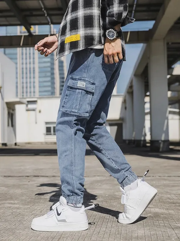 Jeans jogger masculino lavado algodão leve estiramento multi-bolsos calças cargo jeans tamanho asiático L-6XL