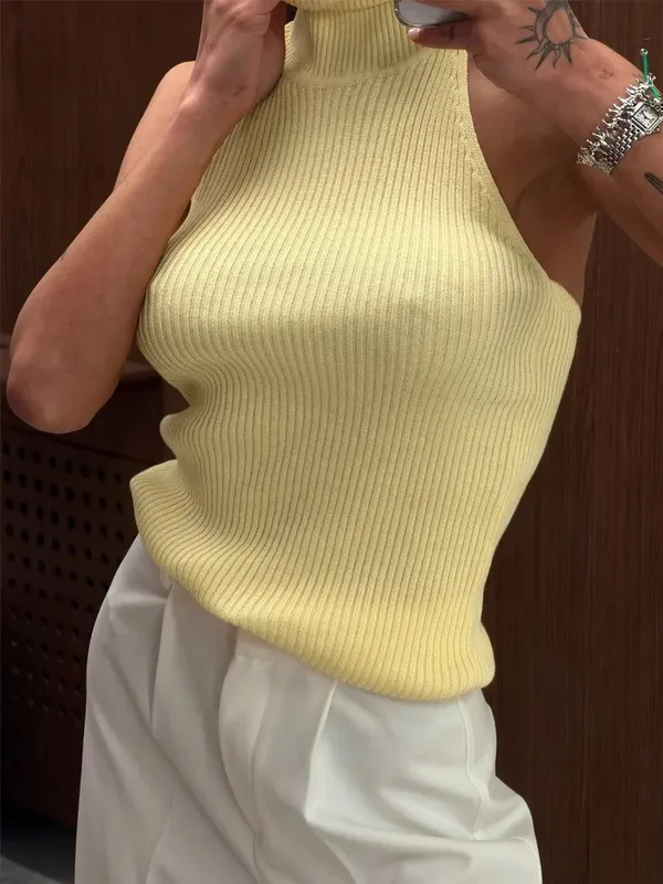 Solid Color Knit Sleeveless Tank Top Women High Neck Backless Slightly Fitted Cropped Vest Minimal Daily Fashion Casual Outfit