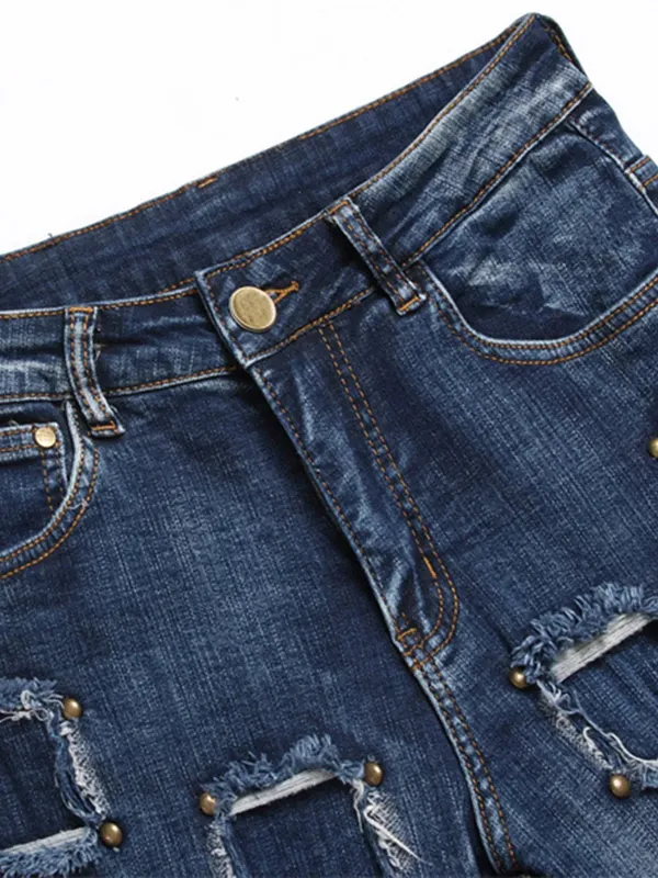 Novo punk jeans masculino com contas de unhas múltiplos buracos retalhos estilo mendigo moda masculina rua personalidade pequena reta