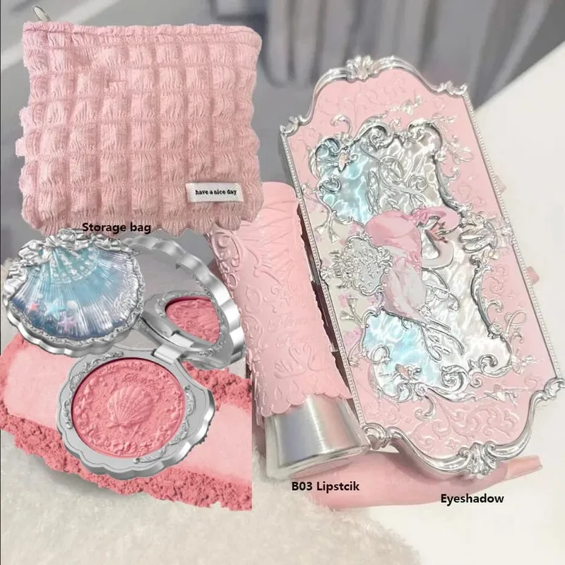 Maquiagem flor sabe conjunto concha pérola série seis cores paleta de sombra em relevo blush brilho batom kit com saco tudo em