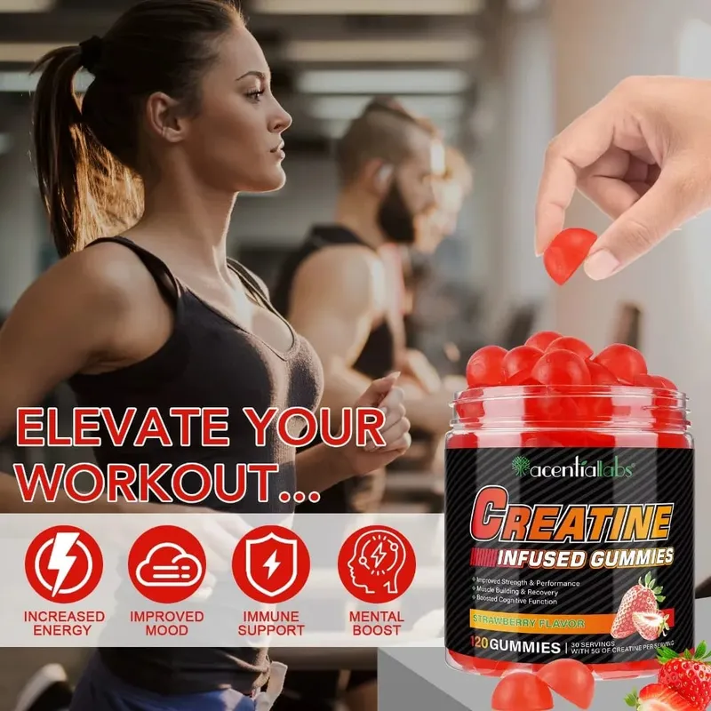 Gomas de monohidrato de creatina 5000mg para recuperação de força muscular e aumento de energia pré-treino Morango vegano sem açúcar 120 Ct