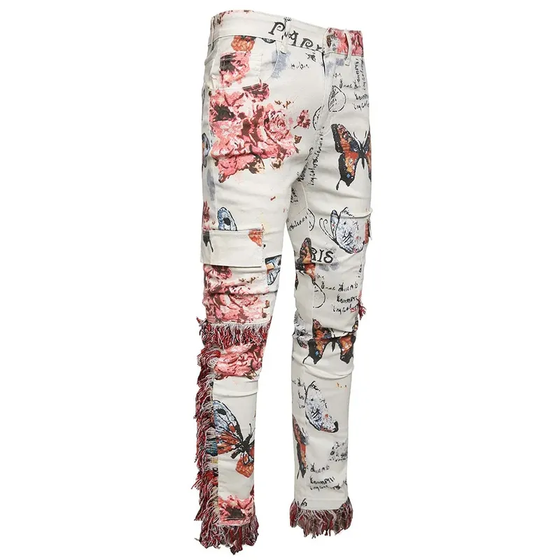 Homens borboleta impressão jeans jeans padrão de flor branco estiramento algodão calças finas borlas multi bolsos carga boa qualidade