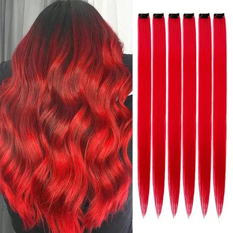 6 unidades/pacote colorido festa destaques clipe em extensões de cabelo 22 polegadas multi-cores cabelo liso sintético postiços — image 10