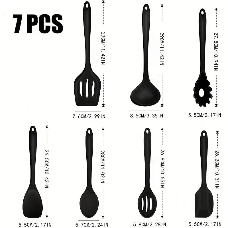 1 ‌ /7-Piece Silicone Kitchen Utensil Set - Non-Stick Spatula Spoon Skimmer Pasta Clip & More for Cooking & Baking