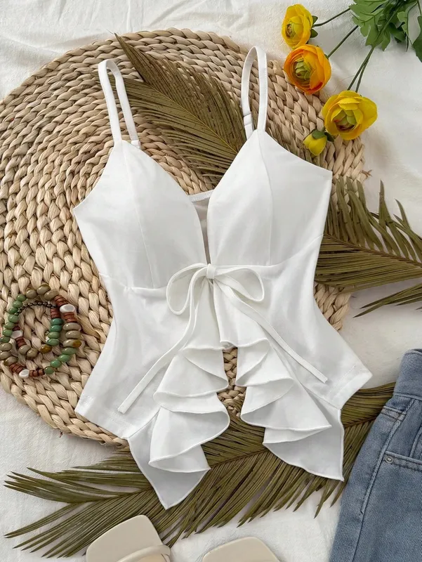 Feminino profundo v cinta de espaguete cami superior frente auto gravata laço plissado recorte cintura magro ajuste sólido branco verão y2k sem mangas tanque ves