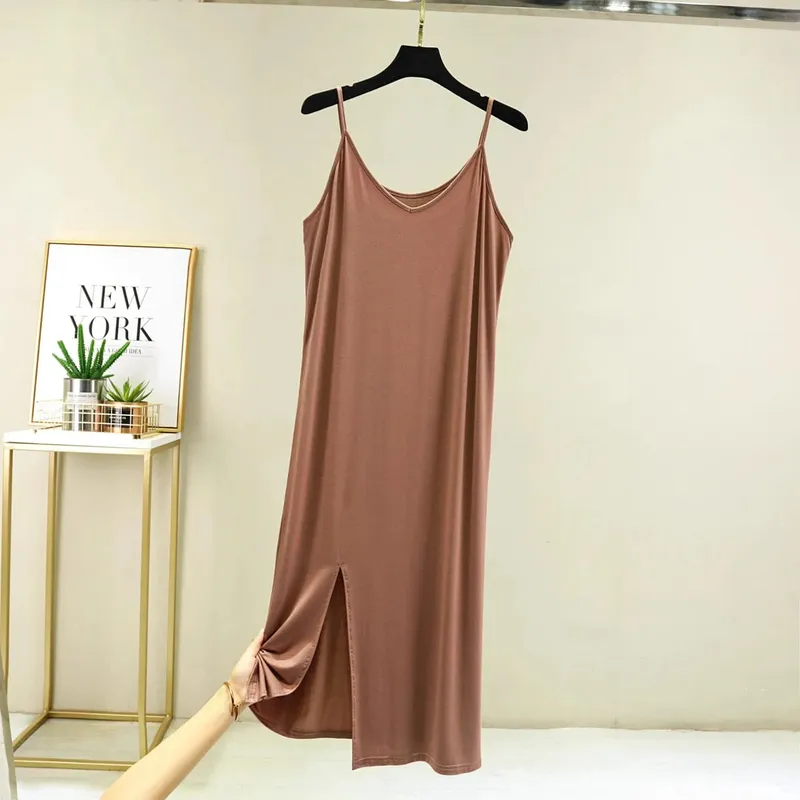 Vestido feminino modal completo deslizante, roupa íntima, alça longa, sólida, camisola, anágua interna, íntima