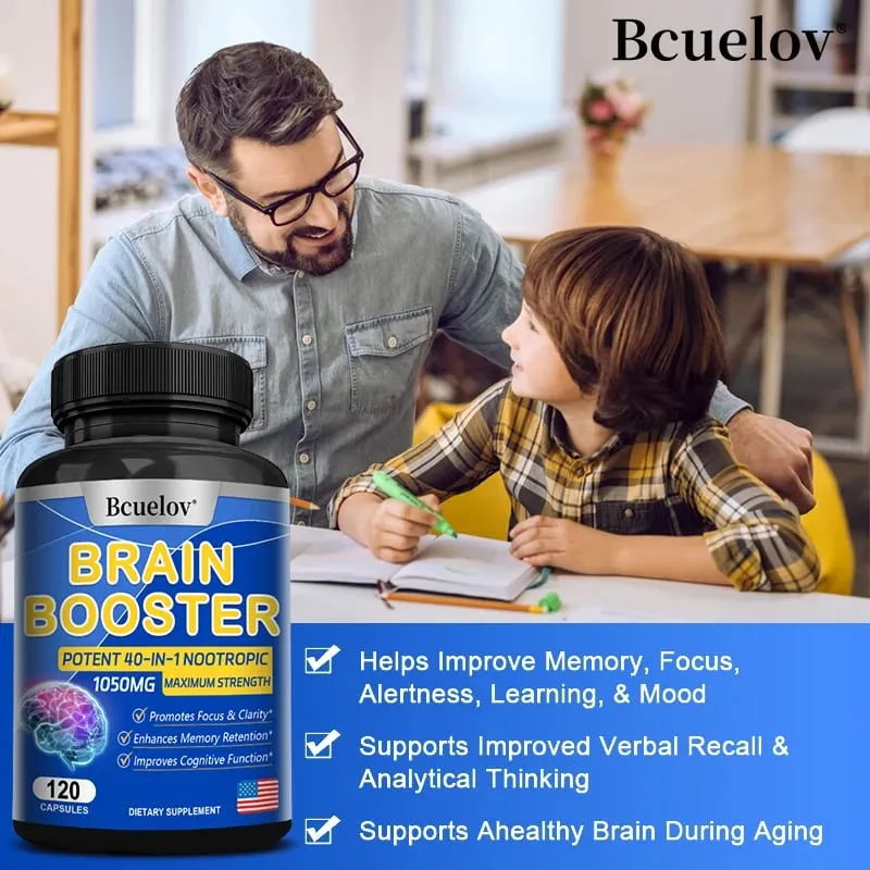Brain Nutrition Capsules - Dietary Supplement 40-in-1 Potent Formula Vegan Non-GMO Supports Focus and Brain Health