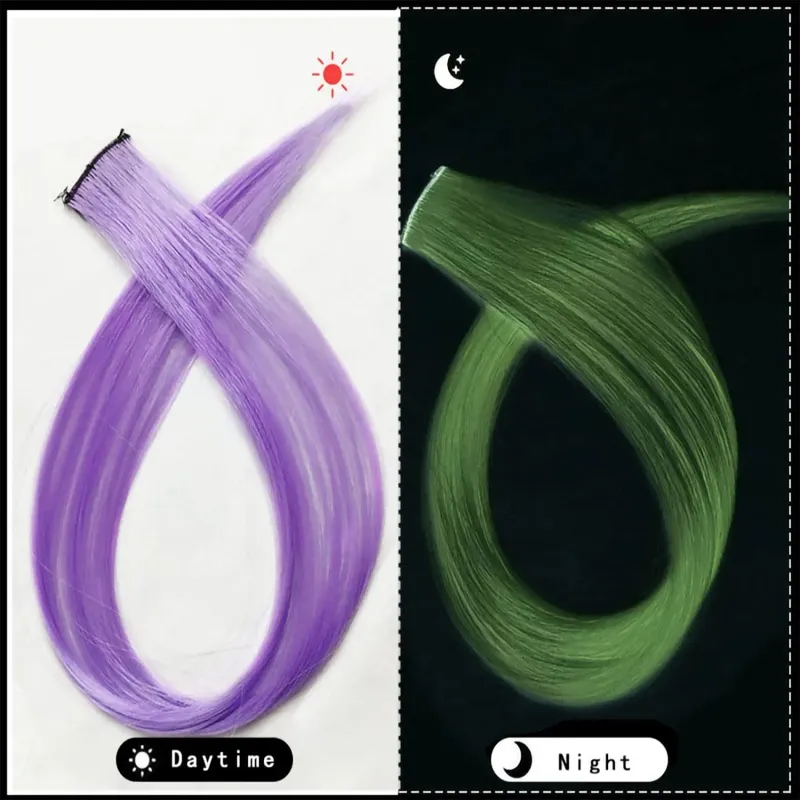 5pc 20 Inch Glow in The Dark Hair Extensions Clip Luminous Colored Hairpieces Party Rainbow Hair Clips Synthetic Straight Wig — image 8