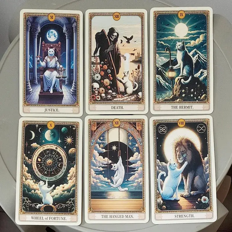 78 cartas com guia de tarô de gato, baralho de tarô com tema de gato branco fofo, cartas de adivinhação em caixa de lata portátil 11 * 6,2 cm