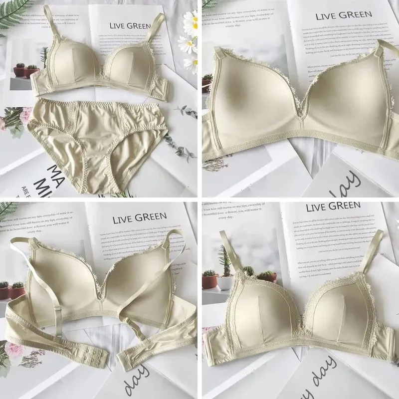 Conjunto de lingerie brilhante de cor sólida, sutiã triangular e conjunto de calcinha, anel confortável sem aço, roupa íntima push up