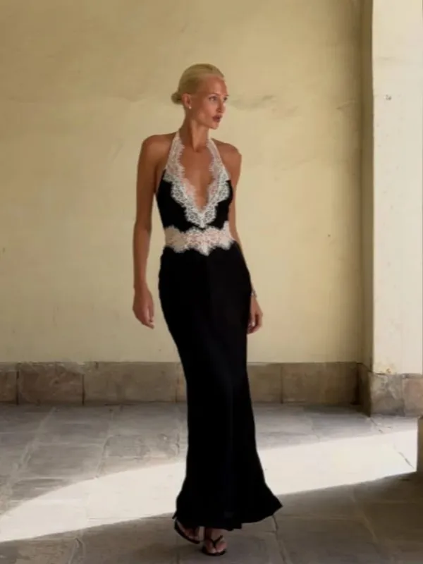 Preto renda retalhos halter pescoço maxi vestidos com decote em v sem mangas sem costas cintura alta vestido longo 2026 elegante festa clube outfits