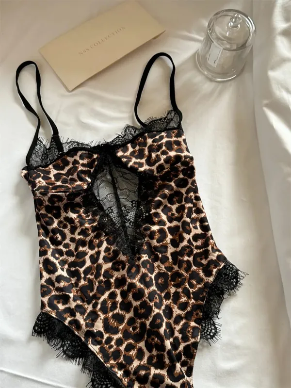 Sexy leopardo impressão halter bodysuit para mulher fina estiramento renda lingerie de uma peça com pescoço pendurado