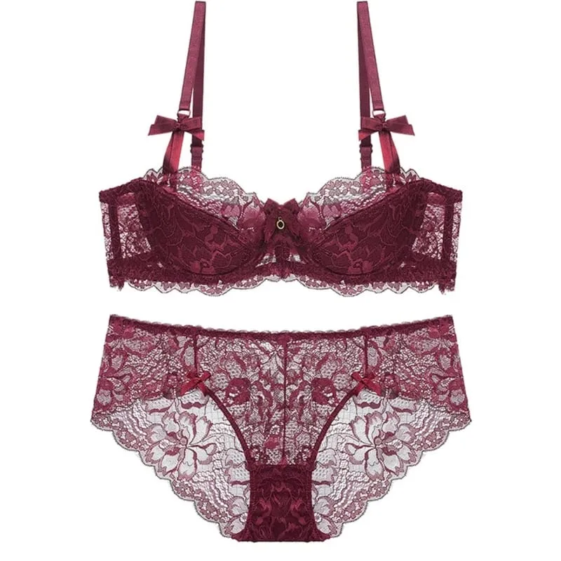 Conjunto de lingerie com alça ajustável para mulheres, 2 peças de sutiã e calcinha de renda floral