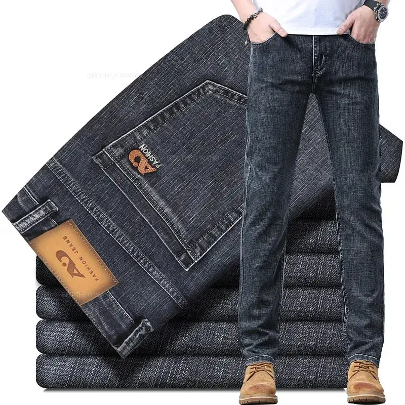 Primavera masculina luz azul magro jeans elegante casual estiramento tecido denim calças clássicas fumaça cinza