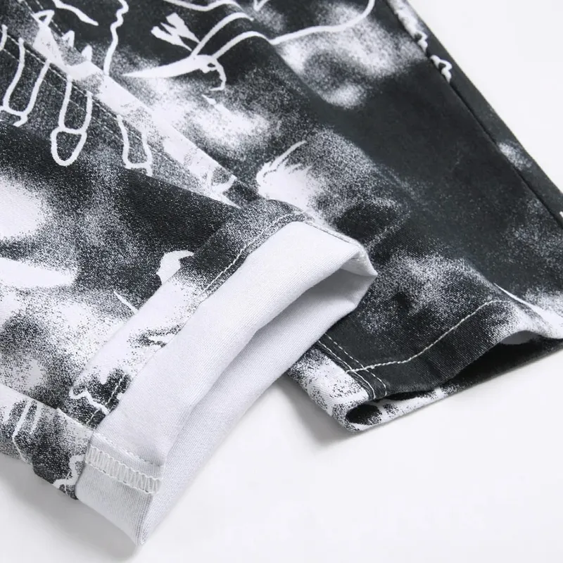 Men Skull Printed Jeans Fashion Devil Hand Pattern Denim Pants Black White Slim Straight Trousers