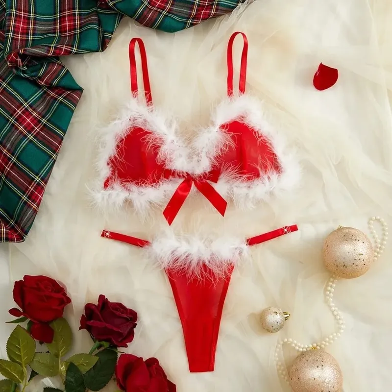 Furry Women's Underwear Wireless Bow Decor Lingerie Set Mesh Transparent Romantic Intimate Bra Panties Suit Valentine's Day