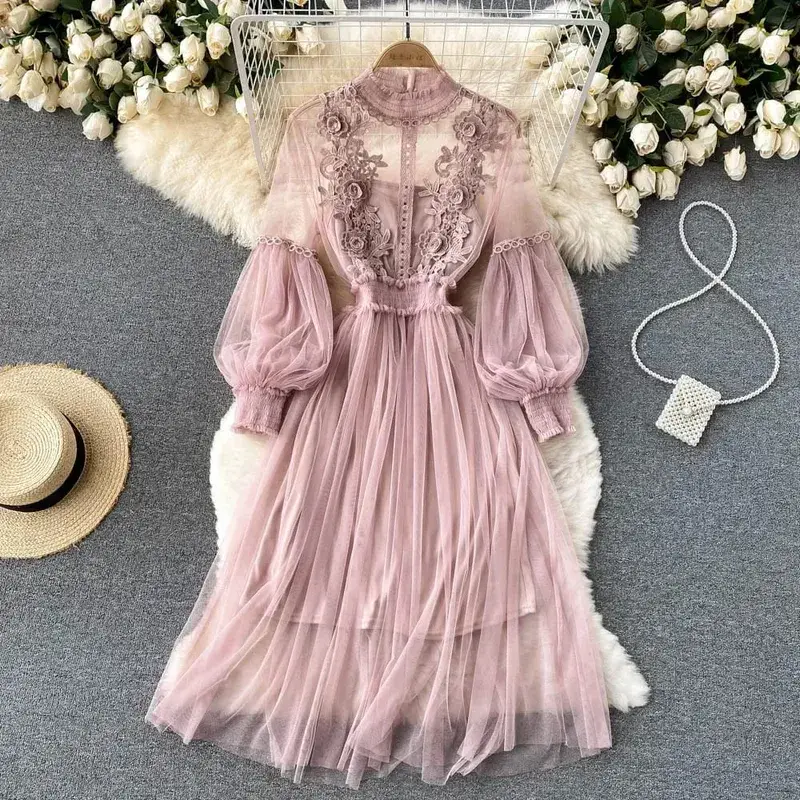 Senhoras vestido tridimensional flor gancho malha temperamento gola lanterna manga cintura alta magro vestidos femininos