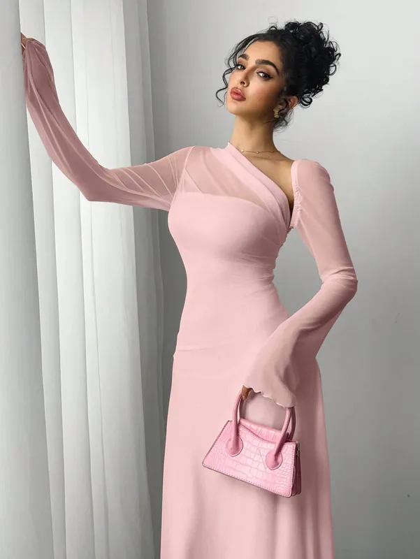 Nova primavera/verão feminino rosa tule explosão fino irregular diagonal ombro ultra longo vestido
