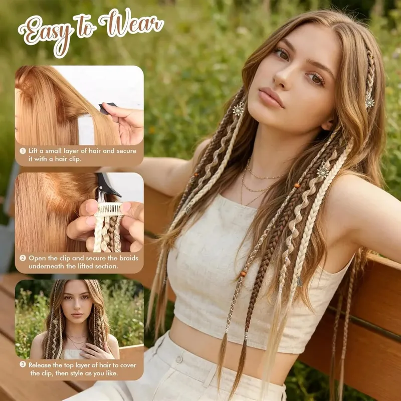Clipe em extensões de cabelo trançado para mulheres 20 "Boho Dreadlock Clipe em tranças com miçangas e amuletos 2 peças de cabelo sintético trançado