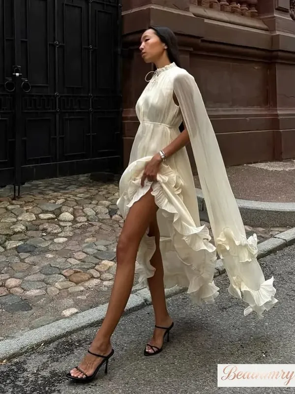 Sólido multi-camada babados maxi vestido feminino elegante sem mangas fora do ombro vestidos de cintura alta 2026 férias roupas femininas