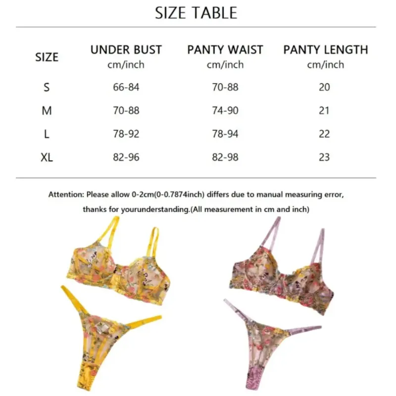 2-Piece Floral Lingerie Set Sheer Versatile Underwear Intimates Underwire Push-up Embroidery Bra Panty Set For Lady Girl