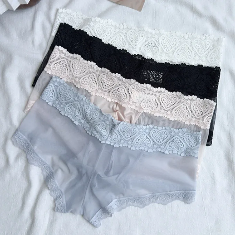 Men Ice Silk Lace Trim Thin Seamless Briefs Glossy 3D Pouch Lightweight Underwear Panties Comfortable Daily Lingerie