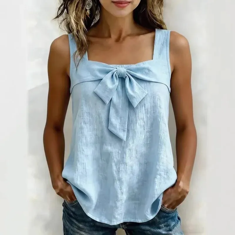 Mulheres pescoço quadrado sem mangas regata frente arco decoração cor sólida casual verão senhoras camisola