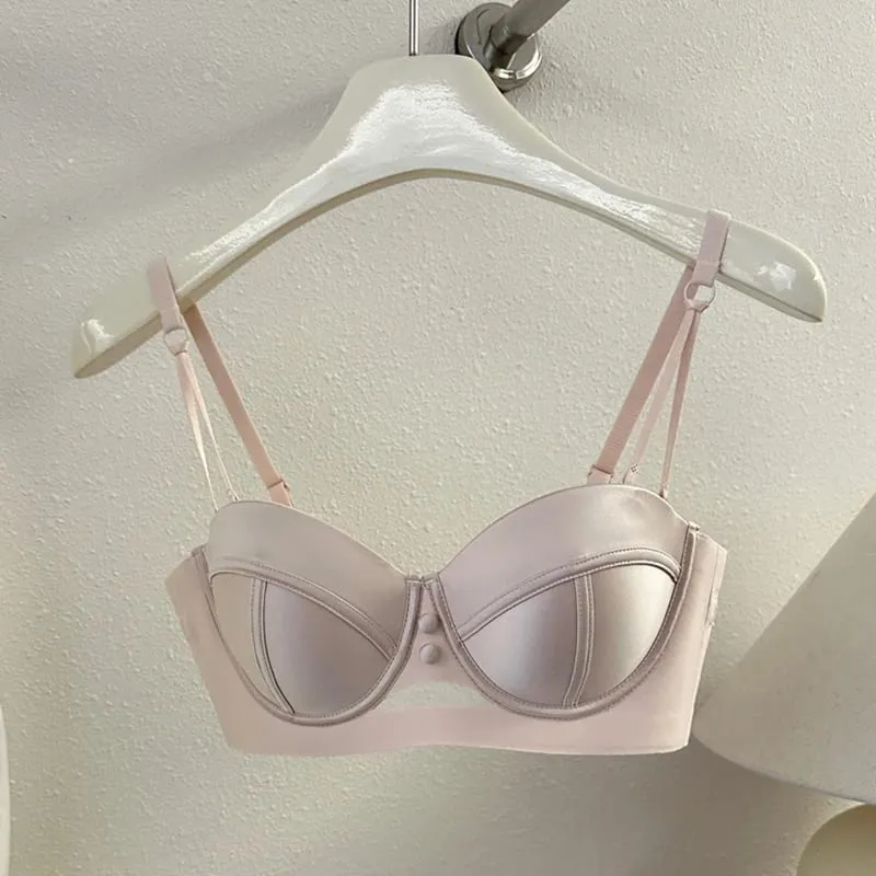 Conjunto de sutiã sem alças com copo AA, meia xícara fixa, lingerie com elevador embutido, push up, roupa íntima conversível, push up, roupa íntima conversível