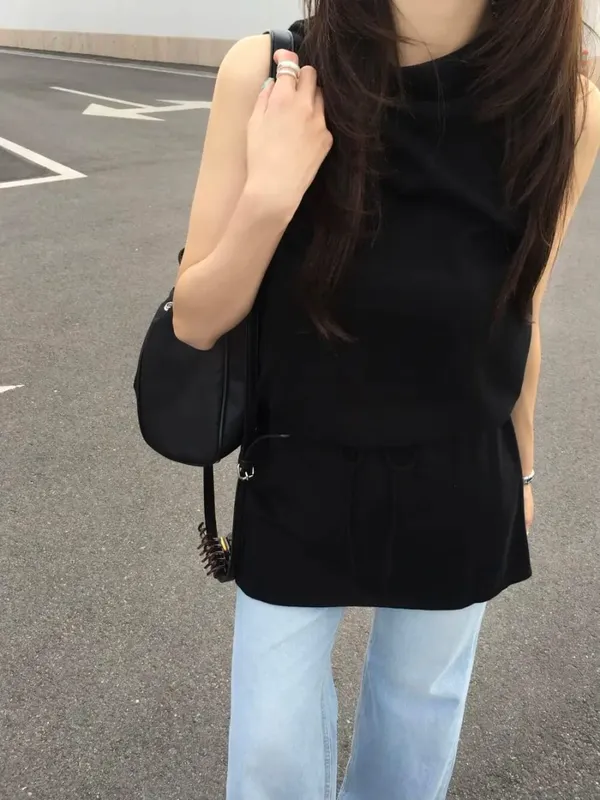 Summer Elegant Drawstring Waist Slimming Sleeveless Short Dress Comfortable Casual Style Women's Clothing Commute Suitable